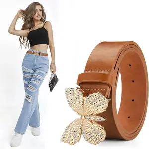 Fashion Lady Butterfly Buckle With Rhinestone In Silver And Gold Color Waist Belts In Pu Leather Quality Belt