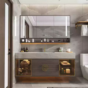 Combinaison d'armoires de salle de bain à bassin intégré en céramique sans soudure à plaque de roche simple et moderne de luxe léger - Product Image 4