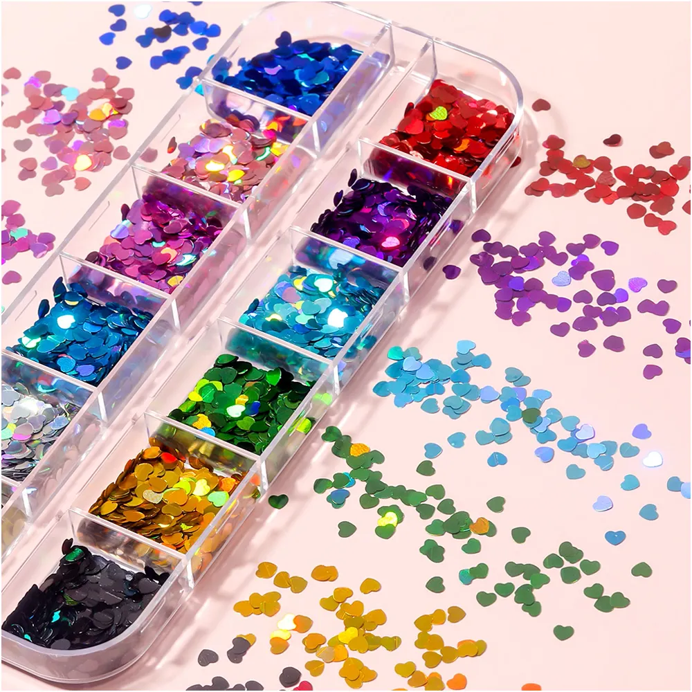 Hot Sale 12 Grid Boxed Christmas DIY Nail Glitter Heart Nails Sequined