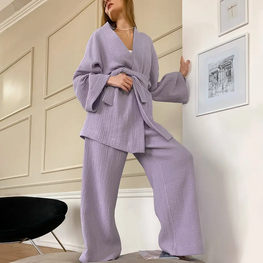 Toptan rahat gevşek elbise + pantolon seti 100% Muslin çift gazlı bez pamuk kadın pijama setleri