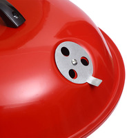 Barbecue rond au charbon de bois rouge avec trépieds, roues mobiles, couvercle d'aération et plaque à cendres en métal