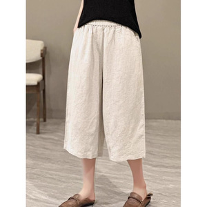 Wide Leg Pants Women Cotton Linen Summer Cropped Casual Pants Mid Waist Breathable Ginger Yellow Gray Black Khaki NX245 - Product Image 3