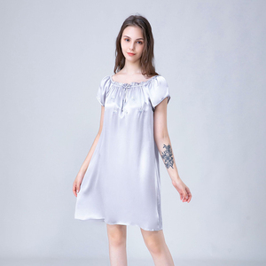 Calidad fabulosa encaje borde arrugado manga corta seda mujeres dormir vestido princesa elegante 6A grado Mulberry seda pijama vestido - Product Image 1