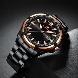 Montre d'affaires minimaliste pour hommes, bracelet en acier noir avec accent or rose, montre-bracelet pour messieurs - Product Image 6