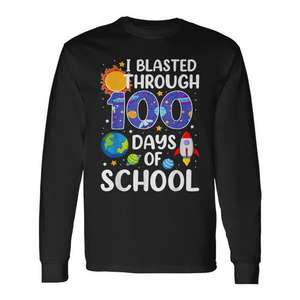 Camiseta de manga larga con tema espacial de I Blasted Through 100 Days Of School, cuello redondo unisex para niños, impresión digital - Product Image 1