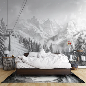 Carta <span class=keywords><strong>da</strong></span> Parati Murale con Paesaggio Atmosferico di Montagne Innevate e Design con Teleferica per Decorazione di Interni di Casa, Camera <span class=keywords><strong>da</strong></span> Letto e Hotel - Product Image 1