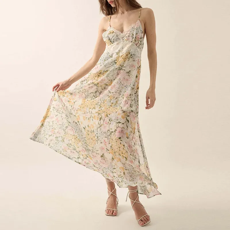 Individueller blumendruck romanisches chiffon maxi lässig damenkleid mit spitze spaghettiträger rückenfrei v-ausschnitt sommerkleider damen 2024