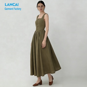 Empresas de Fabricación de Ropa para Mujer, Vestido Largo de Lino Personalizado con Cuello Cuadrado, Sin Mangas, Estilo Swing, con Botones - Product Image 2