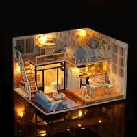 Casa de Muñecas DIY Azul Claro Hecha a Mano, Modelo de Construcción Pequeña L-023, Juguete Creativo para Niñas, Regalo de Cumpleaños, Rompecabezas 3D