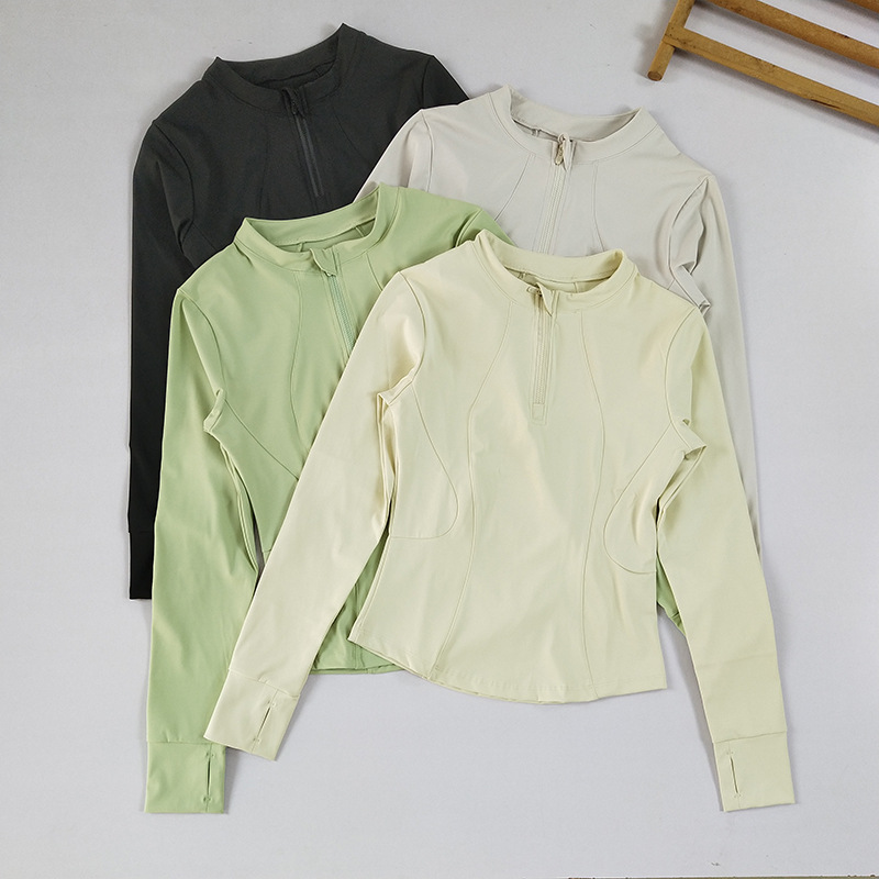 Stand Collar Half Zip Sports Tops Women's Quick Dry Pilates Training Fitness Yoga Wear Slimming Running Long Sleeves