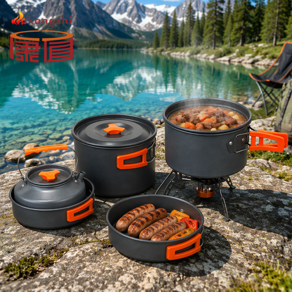 5pcs/Set Outdoor Kitchen Cooking Set Collapsible Hard Anodized Non-Stick Coated Gas Campfire Ready Camp Cookware For Hiking