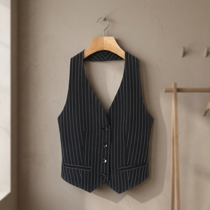 Gilet de costume formel noir à rayures fines pour femme, col en V, simple boutonnage, en tissu tissé - Product Image 3