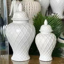 Decoración del hogar esmaltada línea galvanizada blanca jarrón de jengibre de cerámica dorada con tapa para boda Hotel restaurantes - Product Image 3