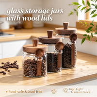 Articles de cuisine écologiques faits à la main, pot de rangement pour aliments, café et épices en verre borosilicate transparent rond de haute qualité avec couvercle en bois et cuillère