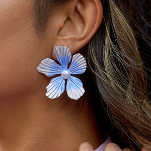 Flower <b>Stud</b> <b>Earrings</b> <b>Blue</b> Pearl Inlay Stainless Steel Everyday Wear - Product Image 3
