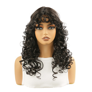 วิกผมลอนยาวแบบเซ็กซี่สำหรับผู้หญิง ผมหยักศกสีดำ หน้าม้าตรง ปิดผมได้ทั้งศีรษะ ทำจากเส้นใยทนความร้อนสูง - Product Image 3