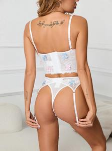 Lingerie Garter seksi jaring renda putih Lingerie seksi transparan baru bordir bunga mewah wanita Set Lingerie renda seksi - Product Image 5