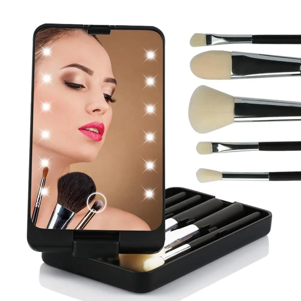 New makeup mirror portable 5 pcs makeup brush with LED lights storage box