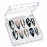 Ongles à presser noirs et argentés de qualité supérieure avec finition chromée, effet œil de chat argenté brillant, durables, imperméables, style salon pour les doigts