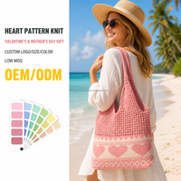 Sac fourre-tout en tricot ajouré rose en forme de cœur pour femme, sac à bandoulière ajouré, doux, lavable, pour l'été, shopping, crochet, logo personnalisé, vente en gros