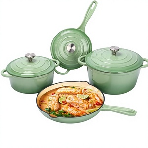 Juego de ollas de hierro fundido esmaltado, juego de 4 ollas holandesas, verde |   Juego de Ollas y Sartenes de Hierro Fundido con Revestimiento Cerámico, 3 Tapas, Resistentes - Product Image 1