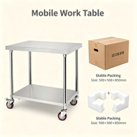 Table de travail de cuisine de restaurant à deux niveaux en acier inoxydable 304 avec revêtement anti-graffiti, 4 roulettes, capacité de charge de 300 kg par mètre
