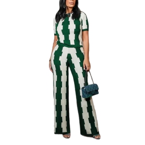 Elegant Slimming Elastic Short Sleeve Wide Leg Pants Printed Ladies Two Piece <b>Set</b> Fashion - Product Image 3