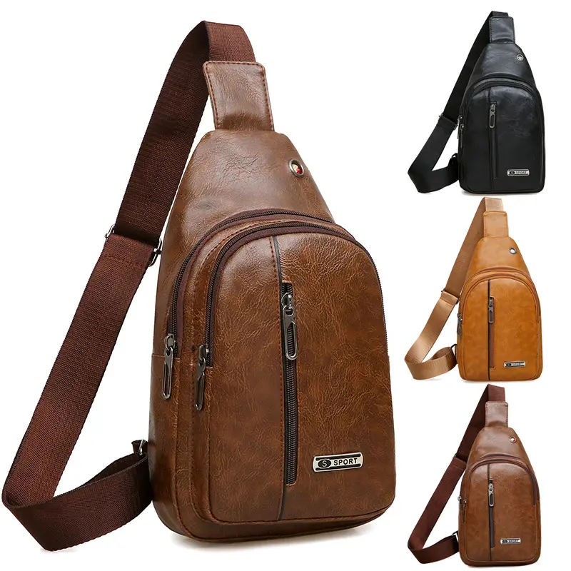 custom leather men crossbody shoulder bags sports casual PU light waterproof chest bag with Headphone jack