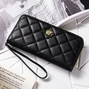 Classic PU Leather Camellia Long Purse Men Cash Credit Card Holder Large Rhombic Lattice Phone Zipper Bag Women Designer Wallet