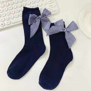 Navy Blue Knee <b>Socks</b> With Plaid Bow Women's Breathable Sweat Absorbing Summer <b>Sock</b> Youth Size - Product Image 1
