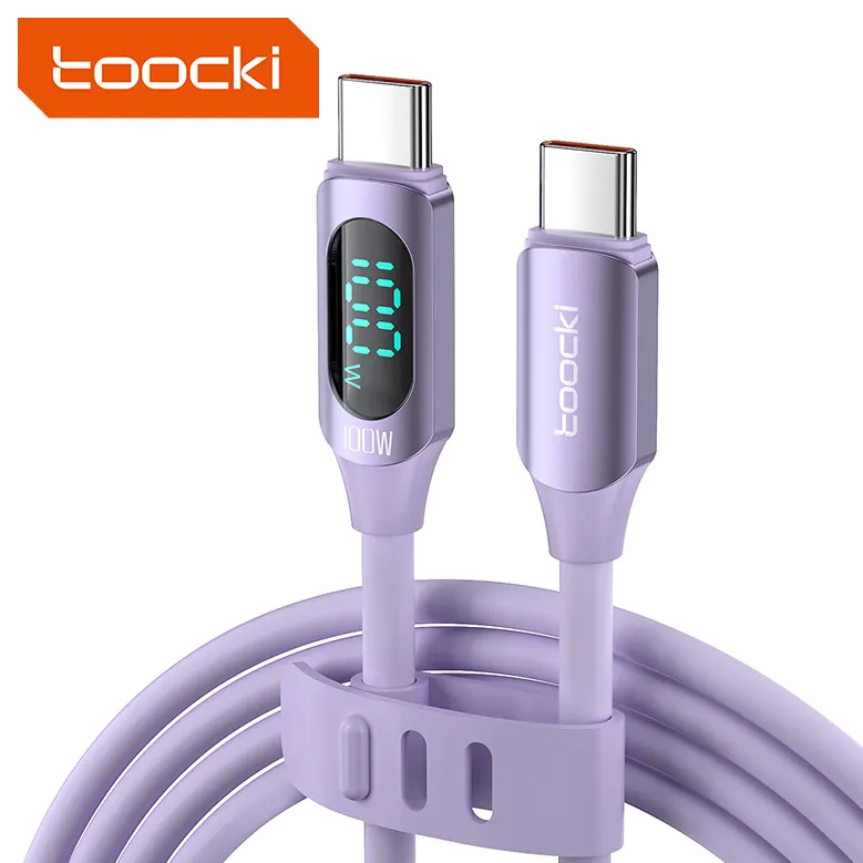 Toocki kabel pengisian daya cepat, kabel pengisian daya cepat, Usb C ke Tipe C, layar Digital, 1M 5A, 100W, ungu, paling populer