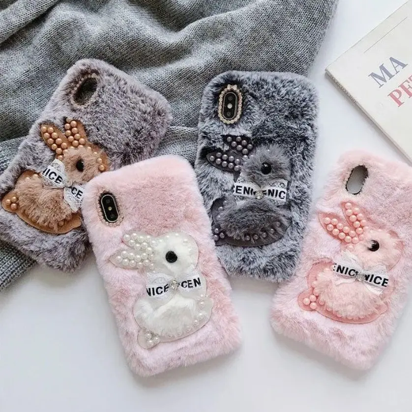 3D Rabbit Fur Plush Pearl Tpu Winter Diamond Mobile Phone Case para iphone X xs xr 8Plus 11 12 13pro max 14 15