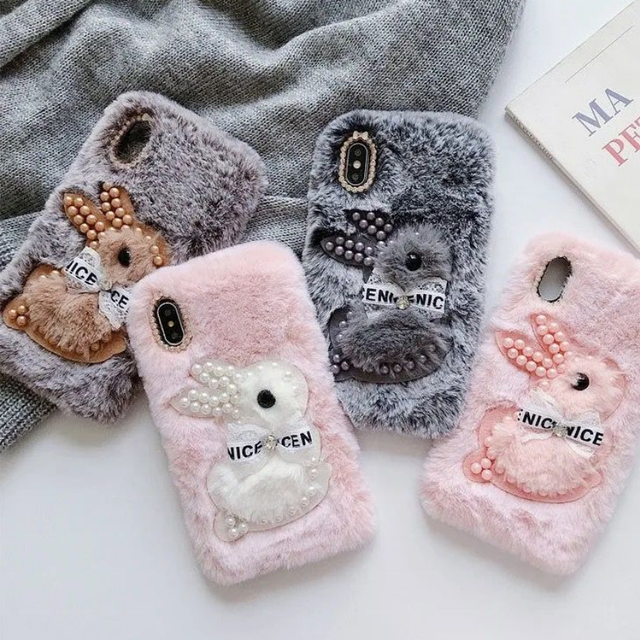3D Rabbit Fur Plush Pearl Tpu Winter Diamond Mobile Phone Case for iphone X Xs Xr 8Plus 11 12 13 Pro Max 14 15 16 Plus 17
