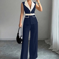 Ensemble décontracté 2 pièces été 2026 pour femme : veste sans manches taille haute et pantalon long en polyester