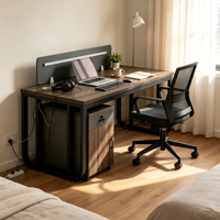 Poste de travail individuel moderne en bois grainé avec structure métallique et panneau de séparation pour bureau d'immeuble commercial
