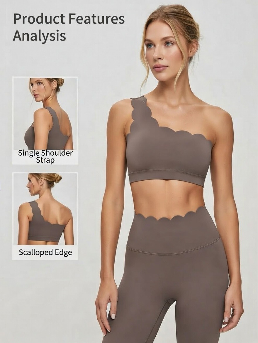CY Breathable Wave-edged One-shoulder Strap Detachable Cup High Support Sports Bra for Women Yoga Push-up Hem Widened