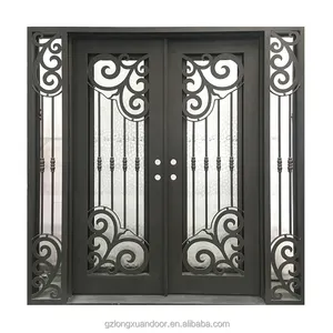 Puerta de hierro forjado de diseño moderno con doble vidrio y mosquiteras Venta caliente Puertas principales de metal forjado de seguridad