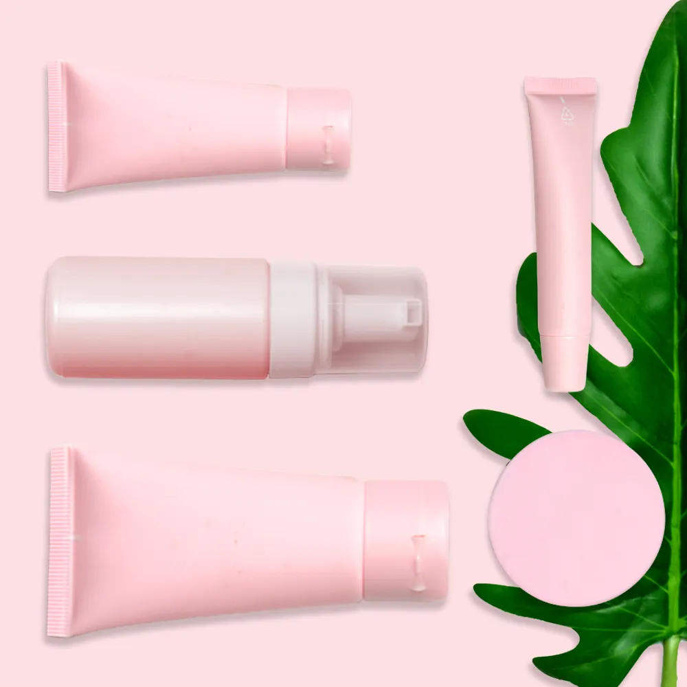 Wadah dan Kemasan Kosmetik Set Krim Perawatan Kulit Tabung Botol Pompa Busa Pink Sablon Kustom Plastik HDPE