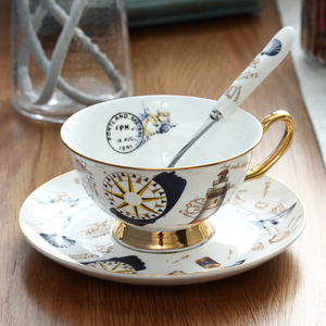 <span class=keywords><strong>Taza</strong></span> de café de porcelana de lujo de estilo campestre europeo, juego de platillos y tazas de porcelana de China con borde dorado y cuchara, venta al por mayor - Product Image 4