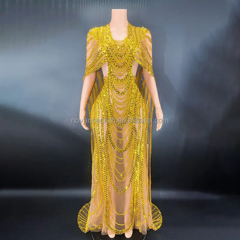 Novance Y2359-E Trending Fall 2022 Golden Sequins Floor Length Evening Dress Long Style Mesh Party Gown Black Plus Size Dress