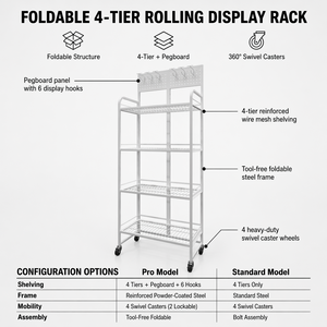 Estante de Exhibición Plegable de Metal Resistente de 4 Niveles con Ruedas, Panel Perforado, 6 Ganchos y Ruedas Giratorias de 360° para Tiendas Minoristas - Product Image 2