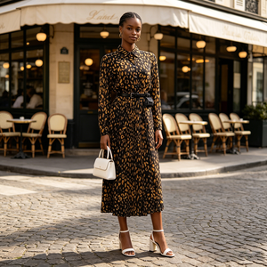 Abito Primaverile Casual con Stampa Leopardata in Poliestere, Vita Elastica, Linea A, Lunghezza Media, Gonna Plissettata, Taglie Grandi, <span class=keywords><strong>Abbigliamento</strong></span> Femminile - Product Image 3