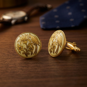 Mancuernillas de Latón Grabadas a Mano con Diseño de Loro y Flores, Base Amarillo Pálido, Acabado en Tono Dorado, Regalo Formal de Aniversario, Unisex - Product Image 4