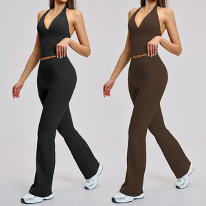 Set 2 Pezzi con Logo Personalizzato, Pantaloni a Vita Alta e Gamba Larga per Donna, <span class=keywords><strong>Abbigliamento</strong></span> Sportivo <span class=keywords><strong>Aderente</strong></span> ad Asciugatura Rapida - Product Image 1