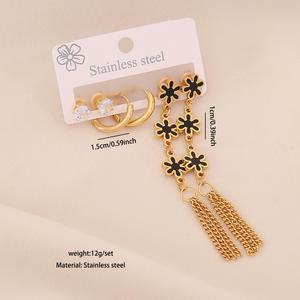 <span class=keywords><strong>3</strong></span> 对小众长款爱心耳环套装气质六叶花流苏耳环不锈钢配饰 - Product Image 4