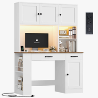 Escritorio Inteligente con Estante Superior, Escritorio para Computadora con Estación de Carga, Luz LED, Porta Revistas, Estantes Ajustables, Mesa de Escritura para Oficina en Casa