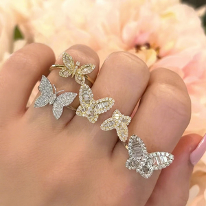 Bague ouverte papillon pour femme en or 10K 14K avec moissanite baguette, bijoux fins, bague de mariage, bagues fines pour femme - Product Image 1