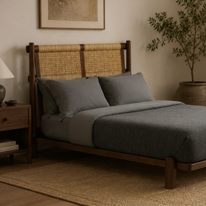 Modern Rattan <b>Headboard</b> <b>Bed</b> Frame Wooden Bedstead Black and Natural Panel <b>Bed</b> for Hotel Home Bedroom - Product Image 1