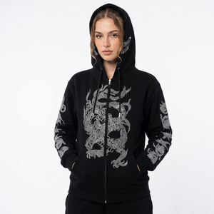 Sweat-shirt à capuche noir pour homme avec strass, fermeture éclair sur le devant, motif dragon, style gothique streetwear, coupe classique, pour l'automne - Product Image 1