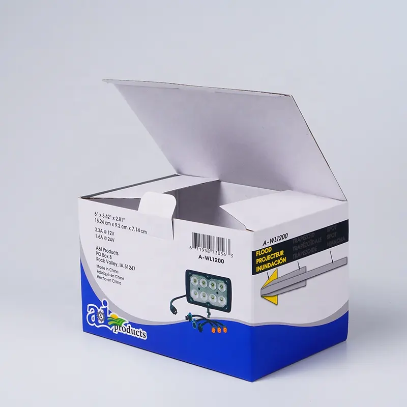 กล่องบรรจุภัณฑ์กระดาษลูกฟูกเป็นมิตรกับสิ่งแวดล้อมบรรจุภัณฑ์กล่องกระดาษแข็งสีขาวหลอดไฟ LED รถยนต์แบบกําหนดเอง